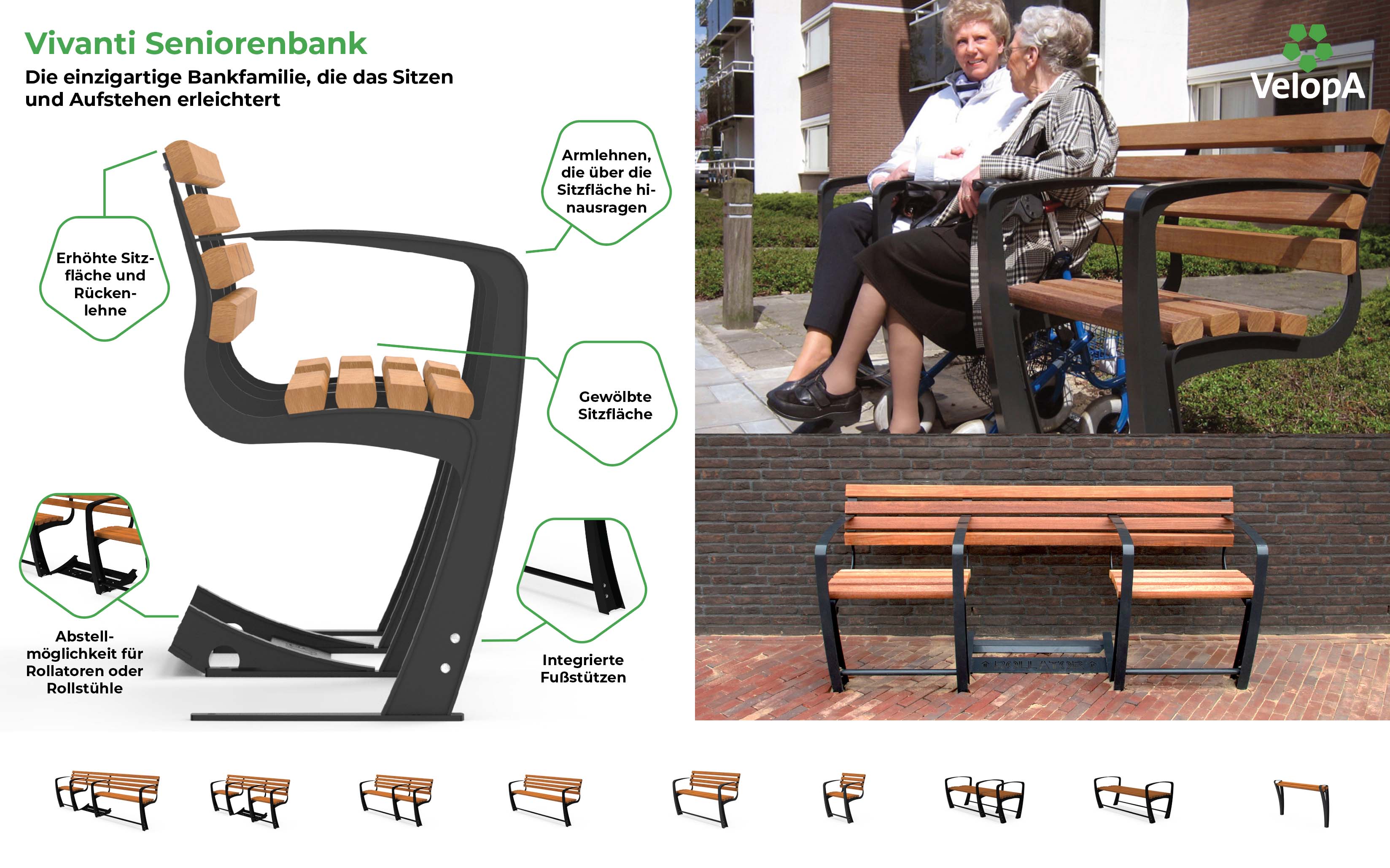 Vivanti Seniorenbank Holz doppelseitig ohne Rückenlehne 2x3-Sitzer